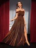 Off The Shoulder Brown A Line Prom Dress With Slit