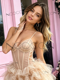 Champagne Spaghetti Straps A Line Tulle Ruffles Homecoming Dress