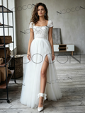 Square Lace & Tulle A Line Wedding Dress With Slit