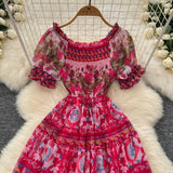 Puff Sleeves Smocked Floral Print Maxi Dress