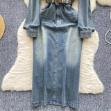 Belted Waist Classic Silhouette Long Denim Dress