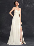 Chiffon Sweetheart Ivory A Line Appliques Wedding Dress With Slit
