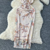 Floral Print Beige Bodycon Maxi Dress