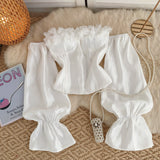 3D Floral Appliqué Puff Sleeves Strapless Corset Blouse
