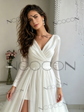 V Neck Tulle Long Sleeve Ruched A Line Wedding Dress With Slit