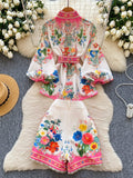Style Floral Print High Collar Belt Two Piece Set