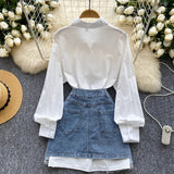 Classic White Blouse with Denim Skirt