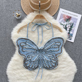 Intricate Beadwork  Denim Butterfly Halter Top