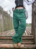 GREEN HIGH WAIST LOOSE ZIPPER POCKET JEANS