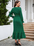 V-NECK LONG SLEEVE JACQUARD SILM WAIST DRESS