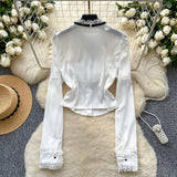 Elegant Lace Cuffs Button White Blouse
