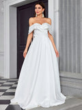 Off The Shoulder Ruched A Line Wedding Dress With Slit