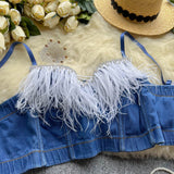Luxurious Feather Trim Embellished Denim Bustier Top