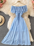 Light Blue Off-Shoulder Ruffled Summer Dress