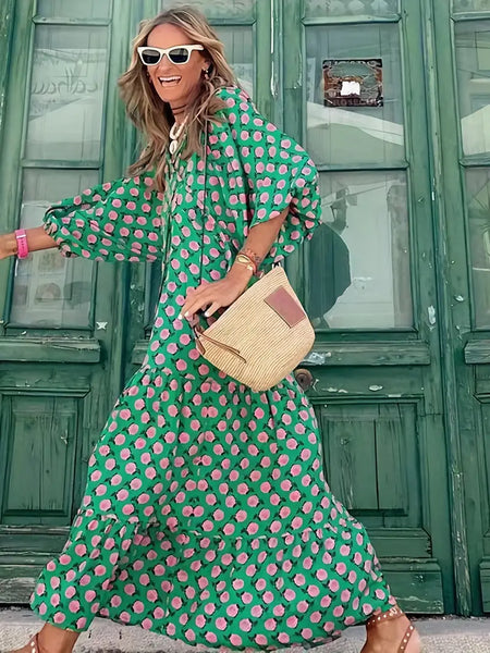 Green Boho Puff Sleeve Maxi Loose Dress