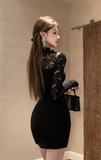 Stylish Long - sleeved Mini Dress with Delicate Lace Detailing
