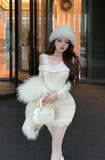 Stylish Beige Mini Dress with Lace Detail and Fur Accents