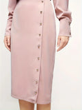 Pink Mock Neck Office Lady Long Sleeve Dress