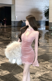 Elegant Pink Velvet Dress with Sheer Lace Yoke