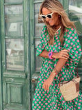 Green Boho Puff Sleeve Maxi Loose Dress