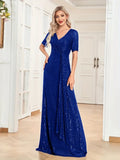 Royal Blue Twist Sequin Short Sleeve Party Prom Dress