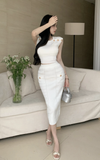 Elegant White Sleeveless Knit Set with Gold Buttons