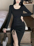 Black Crew Neck Long Sleeve Split Drawstring Dress