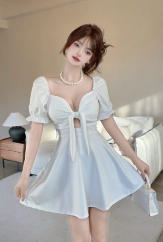 Stylish Short - Sleeve White Dress with Deep V - neck and Tie Detail