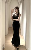 Elegant Black Halter Velvet Gown with Lace Detail