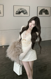 Elegant Cream Outfit with Lace - detailed Top and Mini Skirt
