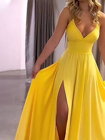 Deep V-Neck High Slit Yellow Maxi Dress