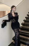 Elegant Black Lace Mermaid Gown with Long Sleeves