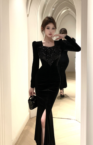 Stylish Long - Sleeve Gown with Sparkling Chest Detail and Side Slit