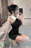 Elegant Black Halter Mini Dress with White Collar Detail