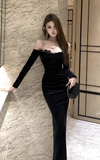 Elegant Black Off - Shoulder Velvet Gown with Lace Trim