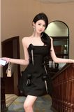 Elegant Black Strapless Mini Dress with Flower Embellishments