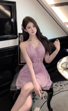 Charming Lilac Halter Mini Dress with Embellished Waist