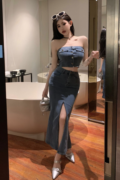Trendy Strapless Denim Crop Top with High - Slit Maxi Skirt