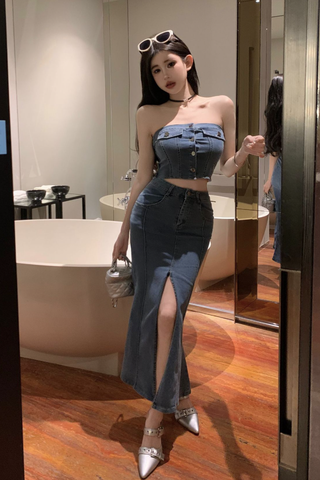 Trendy Strapless Denim Crop Top with High - Slit Maxi Skirt