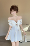 Stylish Short - Sleeve White Dress with Deep V - neck and Tie Detail