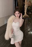 Elegant Strapless Beige Lace Bodycon Mini Dress
