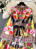 Stand Collar Belt Floral Printed Maxi Dress