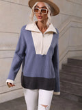 CLASSY PULLOVER COLOR MATCHING LONG SLEEVE ZIPPER SWEATER