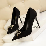 SHALLOW-MOUTHED POINTED RHINESTONE BOW HIGH HEELS