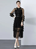 BIG BOW GAUZE POLKA-DOT LONG SLEEVE DRESS