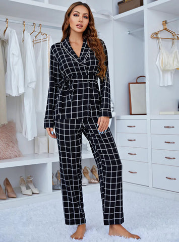 FASHION PLAID LONG SLEEVE DEEP V-NECK TWO-PIECE SUIT