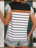 STRIPED CONTRAST LACE STITCHING T-SHIRT