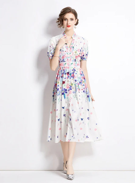 FASHION PRINTED V-NECK SHORT-SLEEVED SLIM DRESS