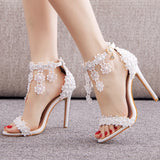 WHITE FRINGED LACE STILETTO SANDALS WEDDING SHOES