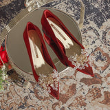 PEARL THICK HEEL POINTED HIGH HEELS SHOES